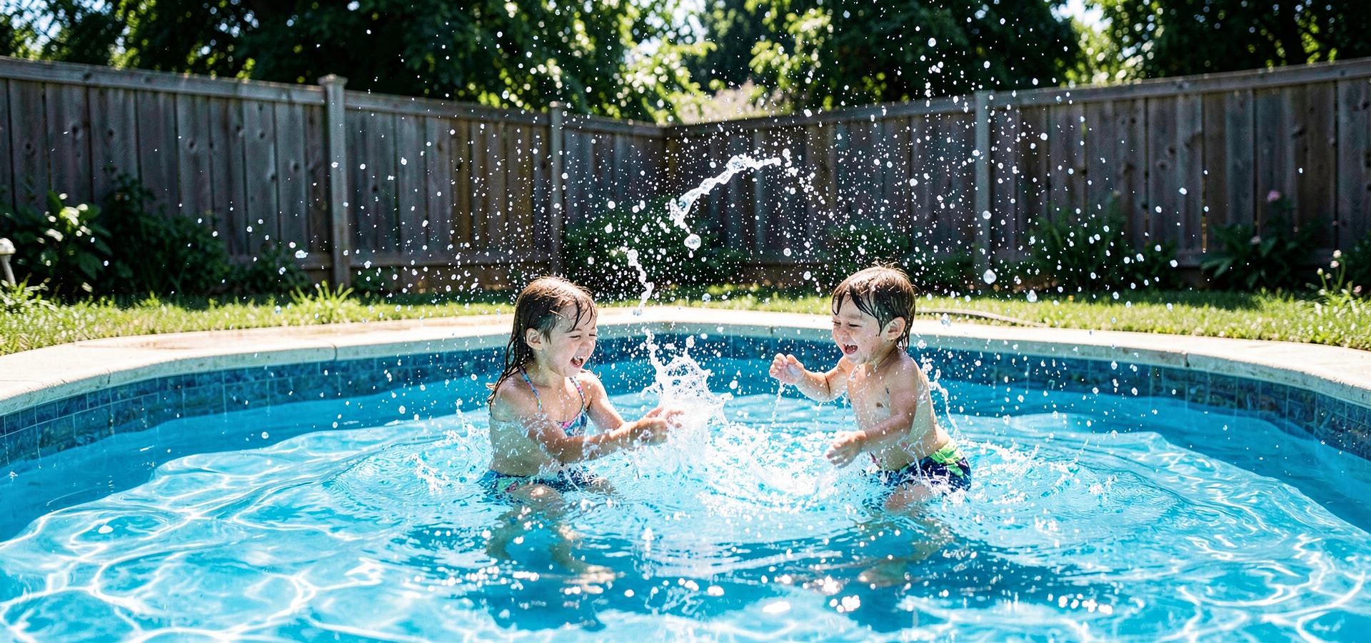Children splashing in a backyard pool